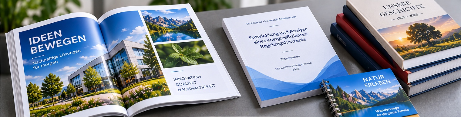 Magazine, Broschüren, Dissertationen, Bücher und verschiedene Bindungsarten